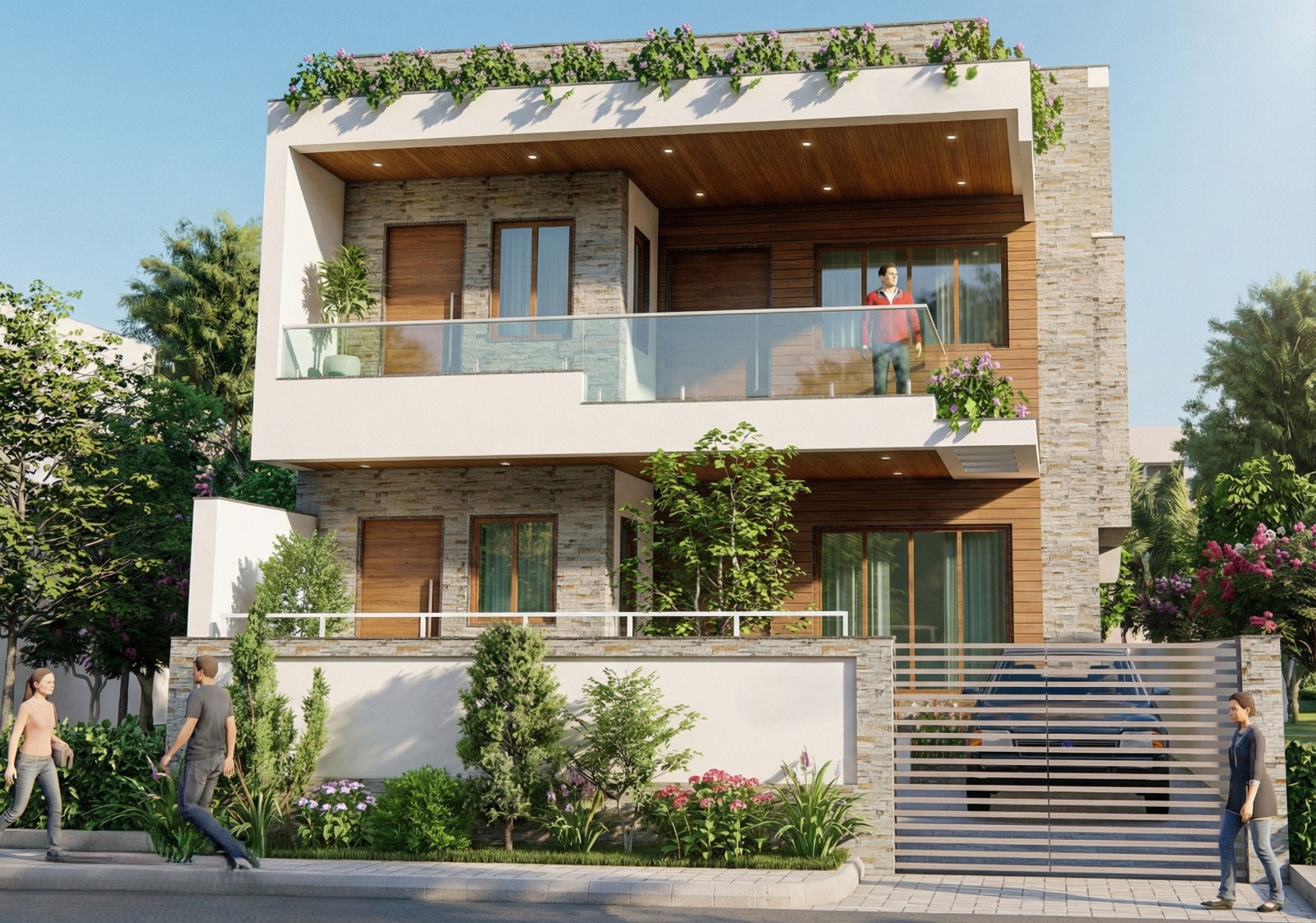 Luxury villa architecture with landscaping